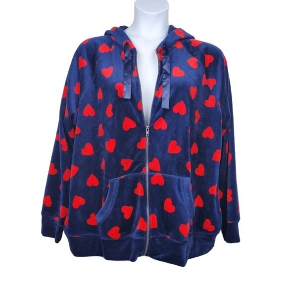 Torrid Womens Blue Red Heart Print Velour Front Full Zip Hoodie Size 3X NWT - Picture 1 of 6